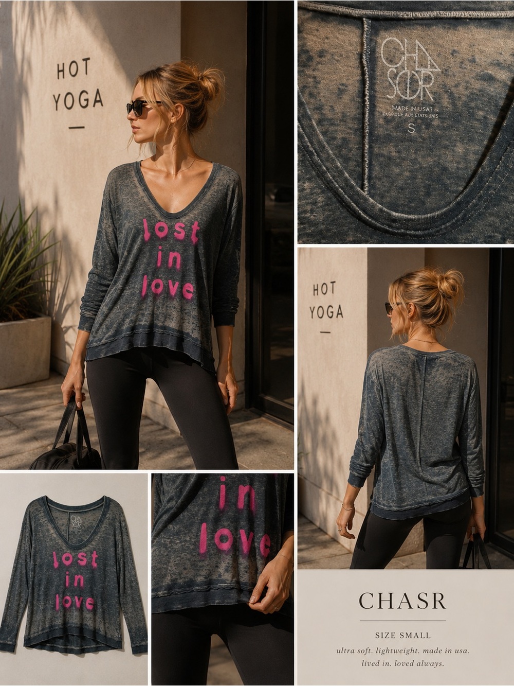 Chaser V-Neck Long Sleeve Top in Charcoal with Pink Print